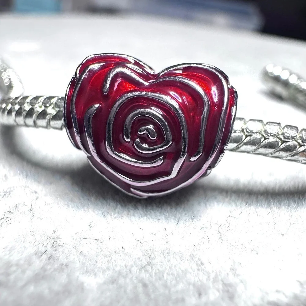 Heart Rose Charm Bead Red Enamel Silver Tone fits Pandora - Picture 4 of 11